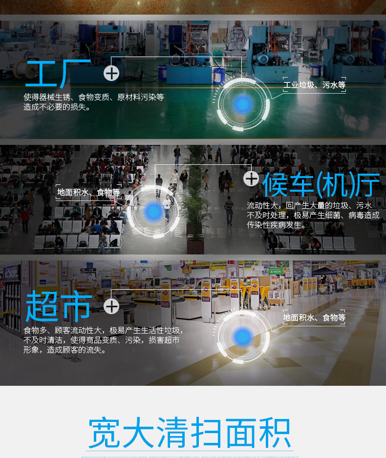 潔博士洗地機適用于超市、候車(chē)廳、工廠(chǎng)等場(chǎng)所